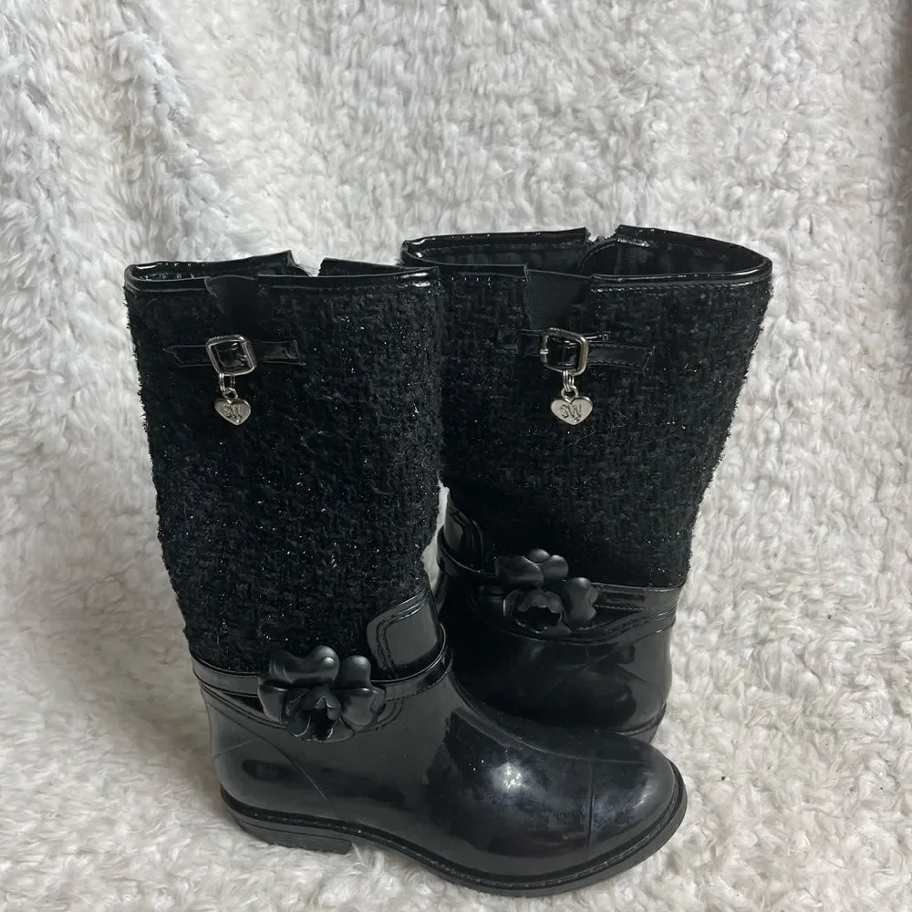 Stuart Weitzman girl Waltz Black mid calf  rain boots glitter accent size 3